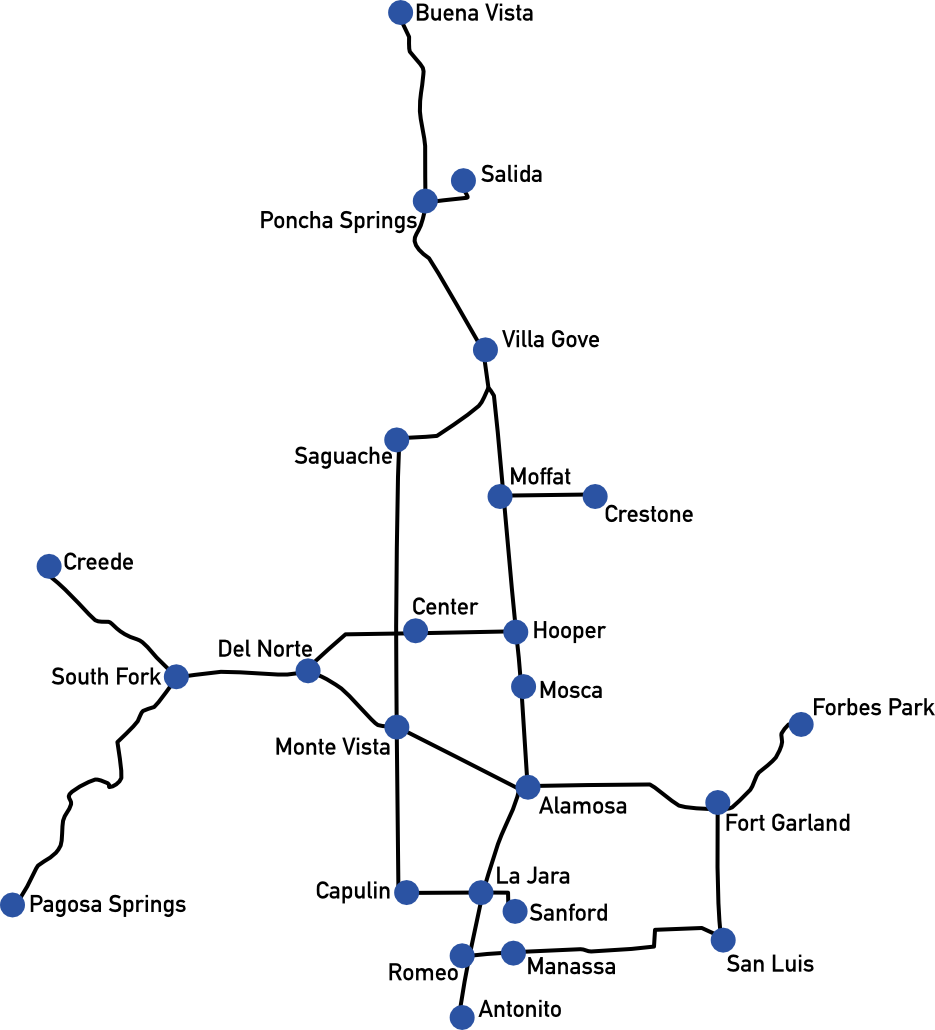 Map of Paul's Plumbing and Heating's San Luis Valley service area